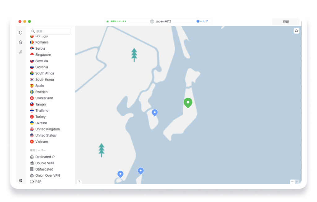 NordVPNのサーバー選択画面