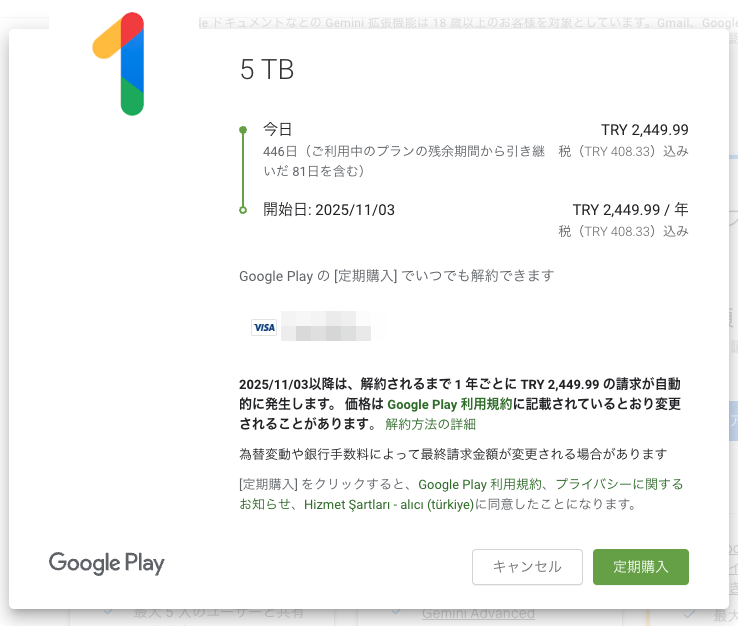 トルコのGoogle One購入画面