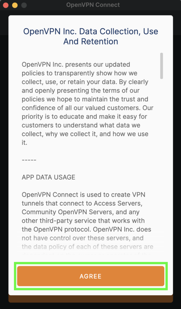 OpenVPN Connect for Macのポリシーページ