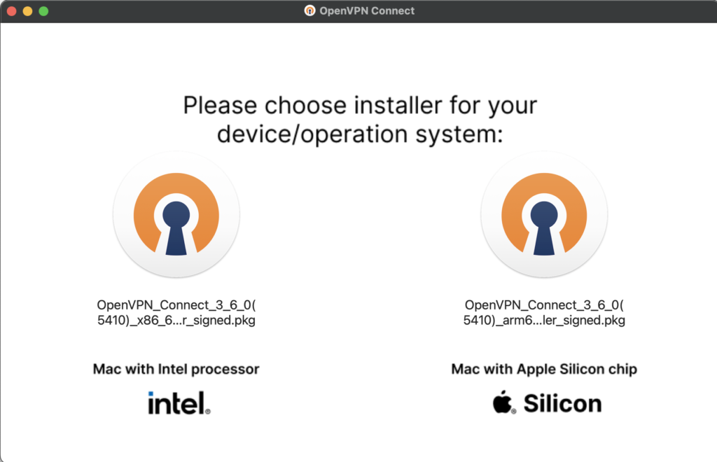 OpenVPN Connect for Macのインストールファイル選択画面